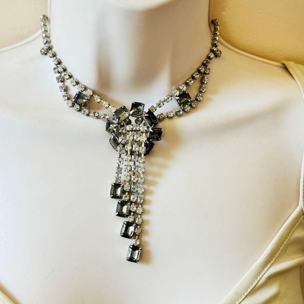 Regal Smoky Austrian Rhinestone Choker Necklace Waterfall VTG Rhodium Plated 15"